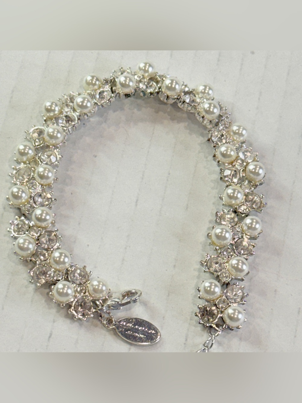 Alan Hannah Faux Pearl & Crystal Tennis Bracelet Silver Tone